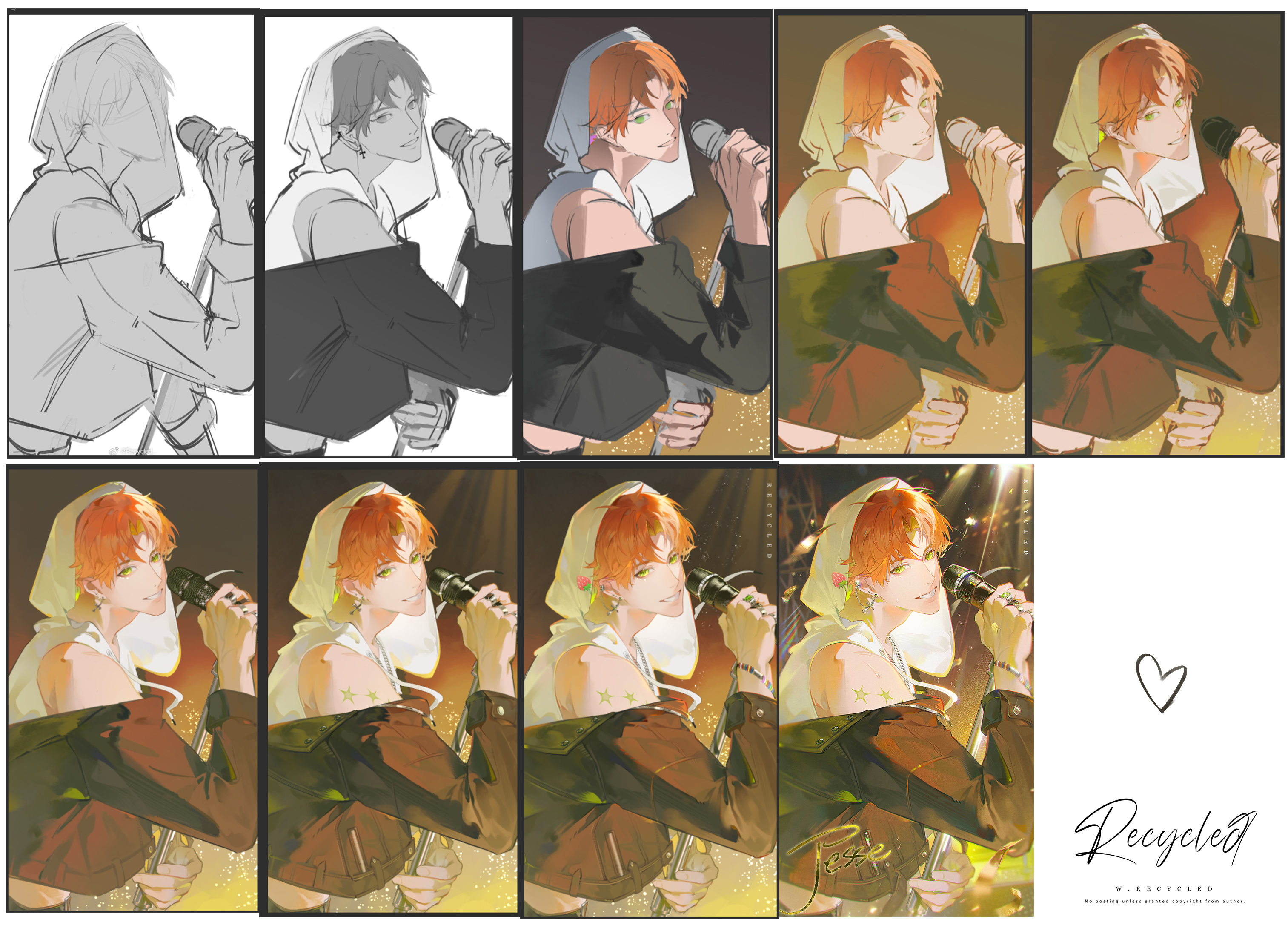 the image shows a stepbystep digital painting process of an animestyle male character singing into a microphone on stage.  the process begins with a rough sketch, moves through grayscale rendering, adds color, and culminates in a finished, detailed illustration with warm lighting and atmospheric effects. the artist's signature, "recycled," is visible in the final image. the stages illustrate the development of lineart, shading, color, and rendering techniques.  multiple panels showing incremental changes in the art process are presented.