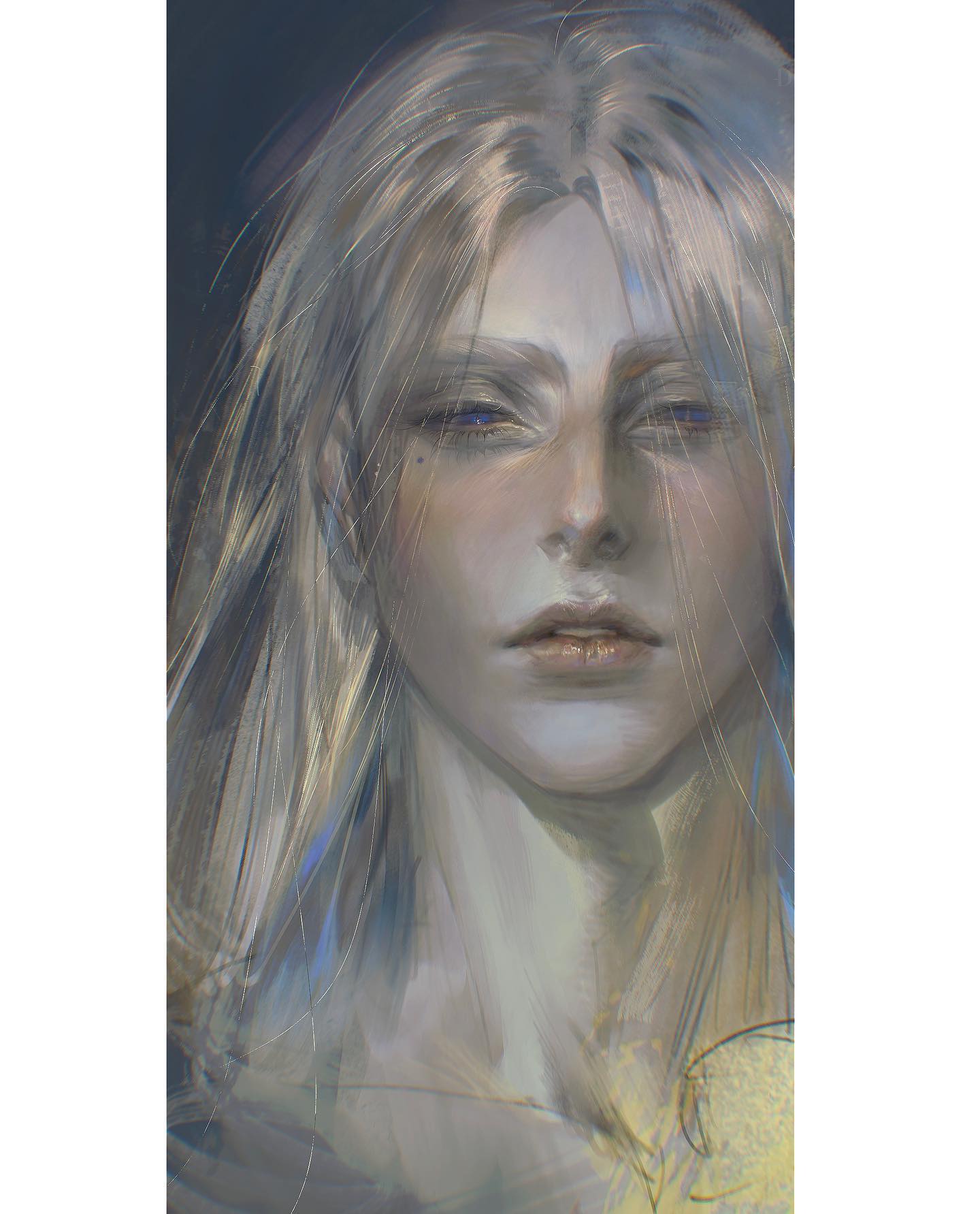 a closeup portrait of an anime character with long white hair and blue eyes. the character has a soft and gentle expression on their face, and their hair is flowing around them in a way that suggests a gentle breeze. the character is likely a woman, and they appear to be in a serene and peaceful state of mind.  the character's eyes are the main focus of the portrait, and they are drawn in a way that conveys both beauty and intelligence.