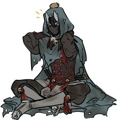 a stylized drawing of a male character with horns, clad in dark, tattered clothing and a hood. he is seated on the ground and holds a small, unidentified object in his right hand, examining it closely. his face is obscured by a mask, and he appears to be armed with daggers. the art style suggests a fantasy or dark fantasy setting.