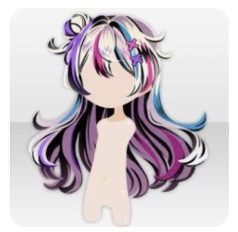 a digital drawing of long, wavy hair styled with multiple colors. the hair is primarily purple, with streaks of pink, blue, and white. the hair is parted in the middle and falls loosely around the shoulders. there are also two small buns on top of the head. the style is reminiscent of anime and manga.