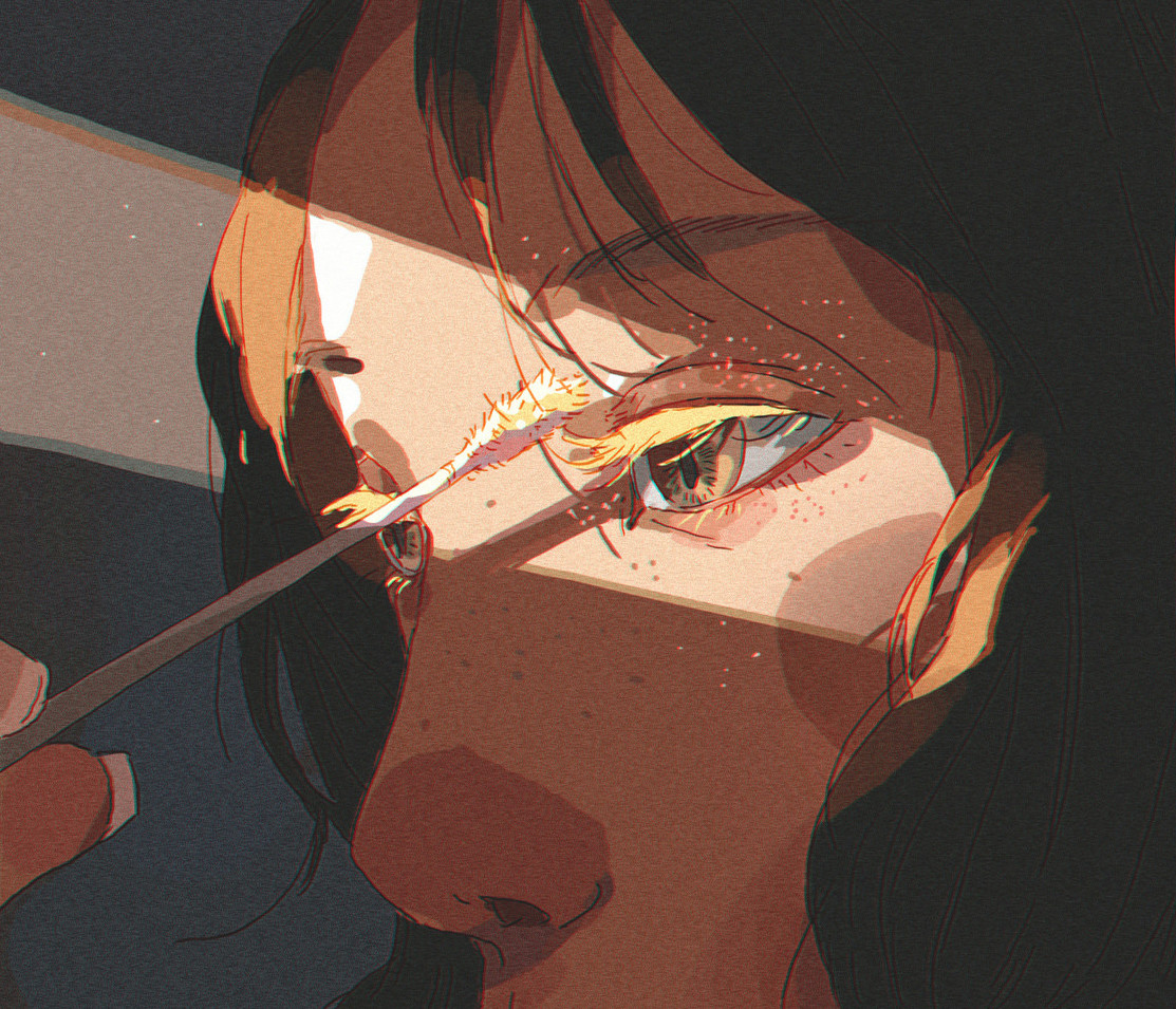 an illustration of a woman with long, dark hair. her left eye is open, looking forward. she is applying mascara to her lashes with a brush in her right hand. the woman is lit from the left side, with the light casting a warm glow on her face.