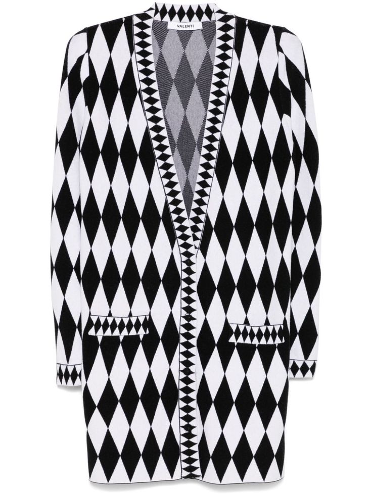 a women's long sleeve v neck cardigan with a black and white diamond pattern. the cardigan has a relaxed fit and is perfect for layering in the colder months.