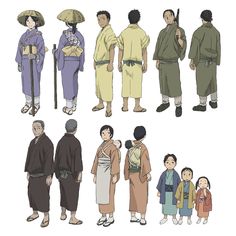 this image shows character designs for an anime. the image depicts nine individuals in traditional japanese clothing. the characters are arranged in two rows. the top row features three men, two women, and one man with a rifle. the bottom row features three men, two women, and two children. all the characters are standing and facing forward. the image is in a graphic style, with simple outlines and flat colors. it appears to be a character design sheet for an anime series.