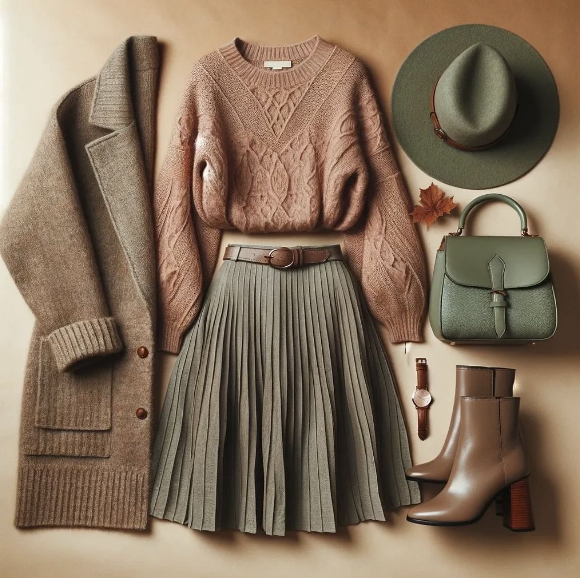 the image shows a curated fashion outfit laid out on a neutral background. there's a beige wool coat, a light peach cable knit sweater, an olive green pleated skirt with a brown belt, an olive green fedora hat, a matching green handbag, a brown leather watch, and a pair of brown leather ankle boots with stacked heels. an autumn leaf is nestled near the hat, suggesting a fall theme. the overall aesthetic is coordinated and stylish.