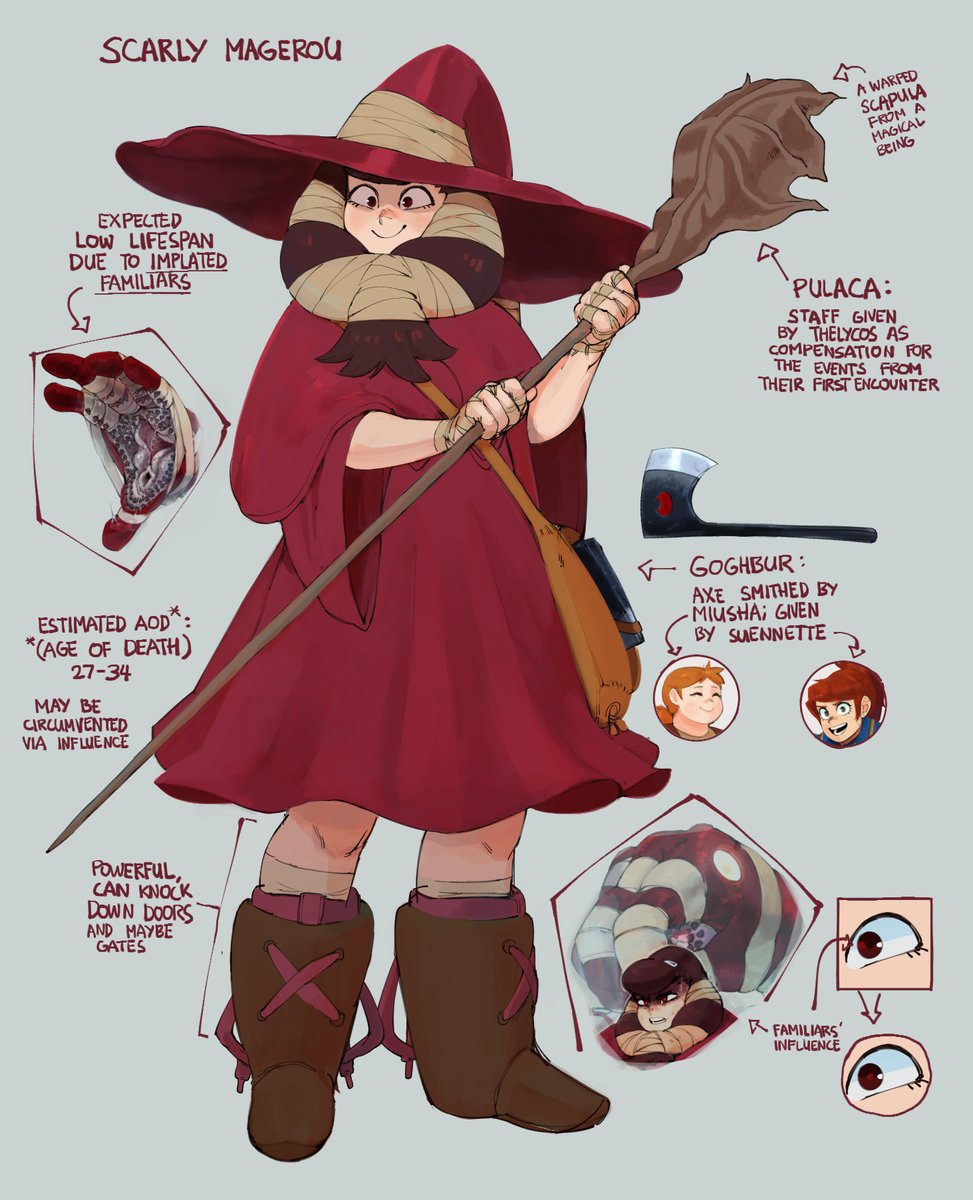 this is a digital illustration of a fantasy character named scarly magerou. she is a young girl with a long red cloak and a witch's hat. she is holding a long wooden staff and an axe. she is also surrounded by creatures that are probably her familiars. there are some text annotations around the character explaining some of the character's attributes.
