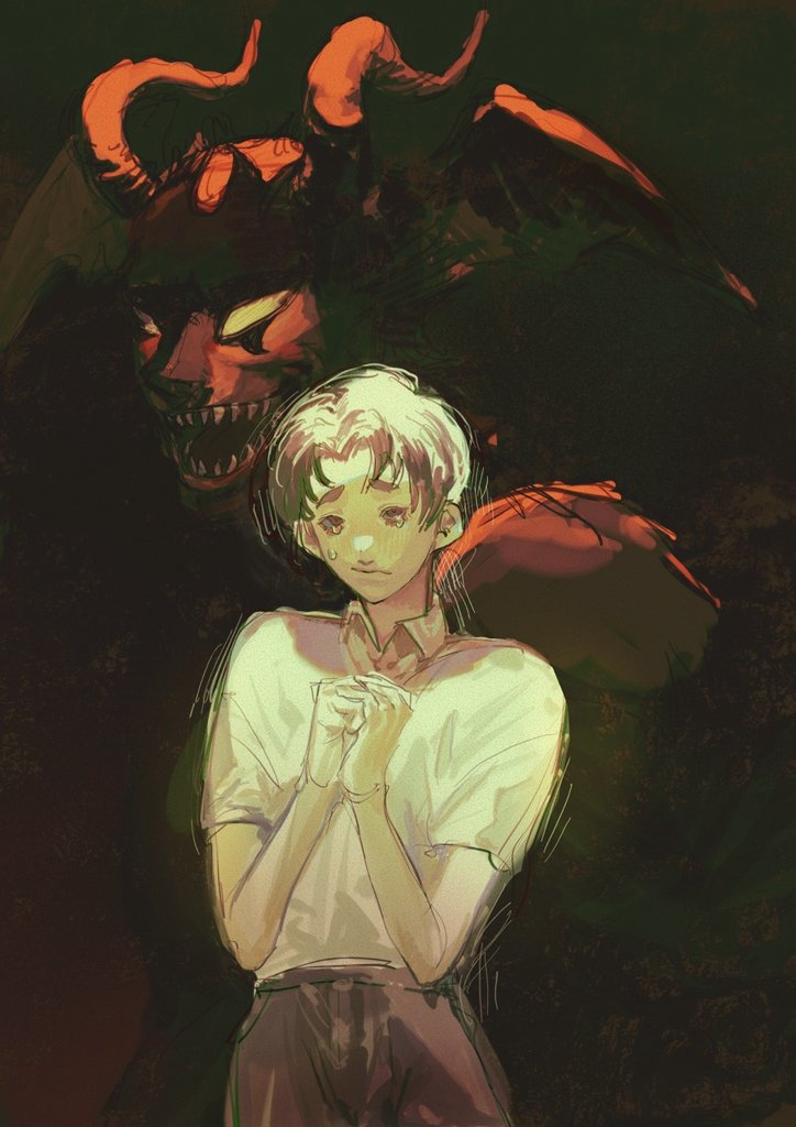 a young boy, bathed in an ethereal light, stands with his hands clasped in prayer. looming behind him is a menacing red demon, its horns framing the boy's head like a cage. the demon's expression is fierce and predatory, while the boy's face is etched with a mixture of fear and resignation. the background is shrouded in darkness, amplifying the contrast between the boy's vulnerability and the demon's power.