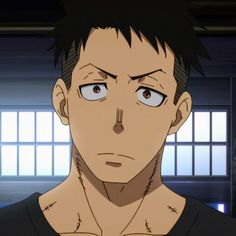 a head and shoulders portrait of an anime man with short dark hair and a serious expression.  he has noticeable scars on his neck and collarbone area. the background is a dark room with what appears to be shoji screens with blue light coming through. he is wearing a plain black shirt.