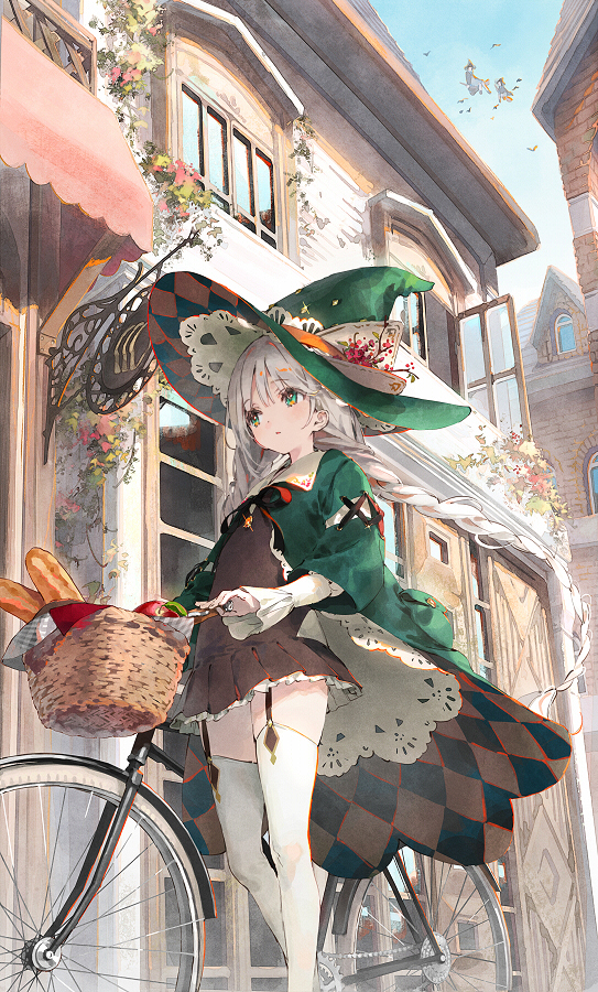 the image shows an animestyle illustration of a young girl dressed as a witch. she has long white hair braided down her back, and is wearing a large green and brown hat with lace details. her dress is also green and brown, with a checkered pattern. she's riding a bicycle, which has a basket in the front carrying bread and an apple.  the setting is a charming, quaint street in a europeanstyle town with old buildings and flower boxes. the art style is reminiscent of watercolor paintings, giving it a soft and dreamy look. the overall mood is whimsical and magical.
