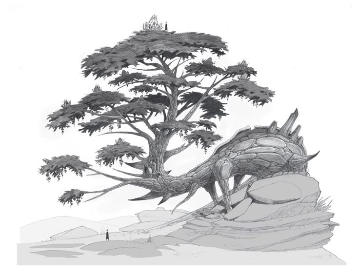 a black and white drawing of a fantastical landscape. a large, intricately drawn tree dominates the scene, with branches that appear to be turning into a stone creature or structure near its base. a tiny figure stands in the foreground, looking towards the tree. the landscape is rocky and barren, adding to the otherworldly feel.