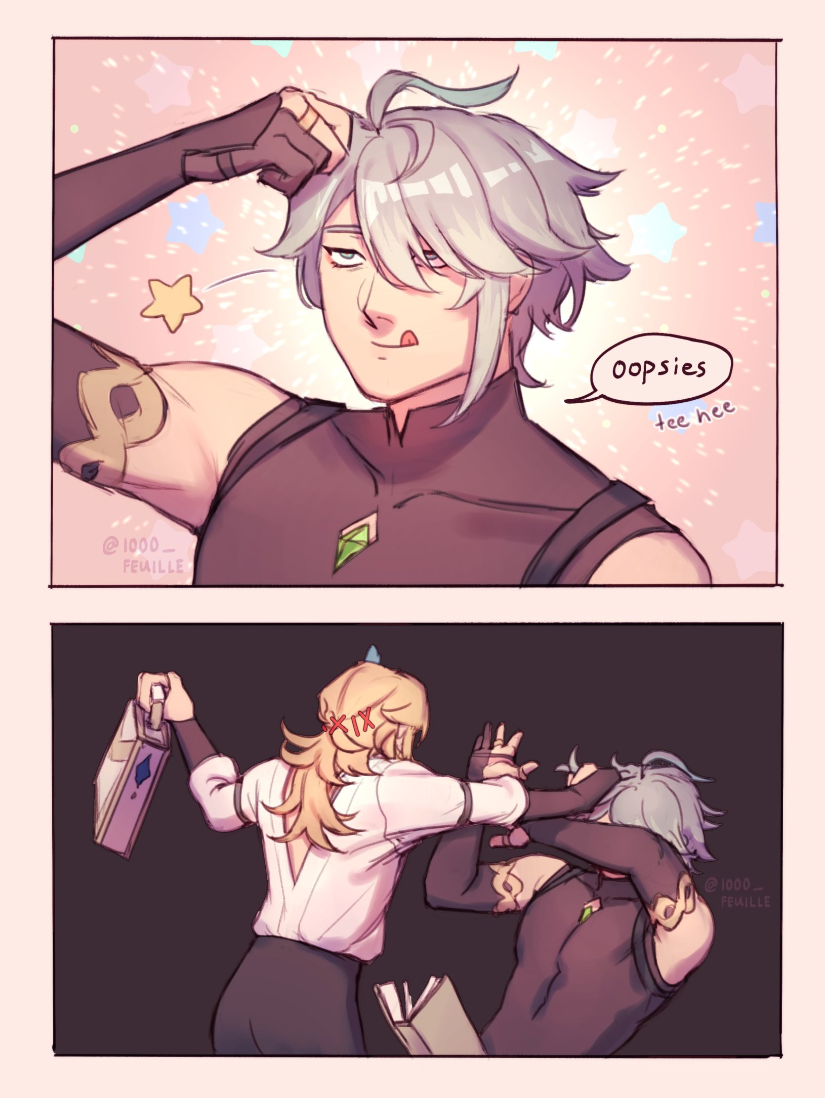 this is a digital illustration of an anime couple. in the top panel, a blonde male character with a white shirt is holding a blue book. the blonde is blushing and is holding a book, a blonde woman with a black skirt and a white shirt is also holding a book and has a shocked expression on her face. in the bottom panel, a whitehaired male character is holding a book in his hand and has a cheeky smirk on his face, he's wearing a black vest and black pants. the whitehaired male has a pink speech bubble with the words “oops, tee hee” written inside. the background is a light pink with stars and hearts.