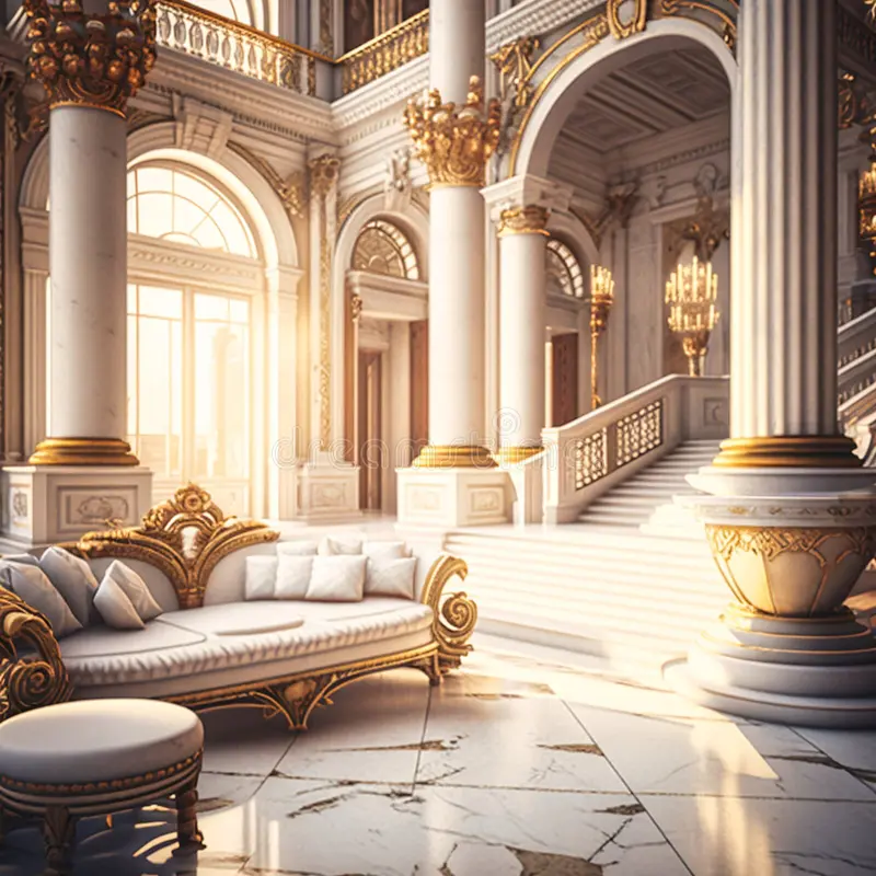 the image showcases the opulent interior of a grand hall in a europeanstyle palace. sunlight streams through the tall arched windows, illuminating the white marble floors and the elaborate gold detailing on the columns and banisters. a majestic staircase ascends to the upper floors, while a lavishly decorated couch provides a place to rest. the entire scene exudes luxury and grandeur.
