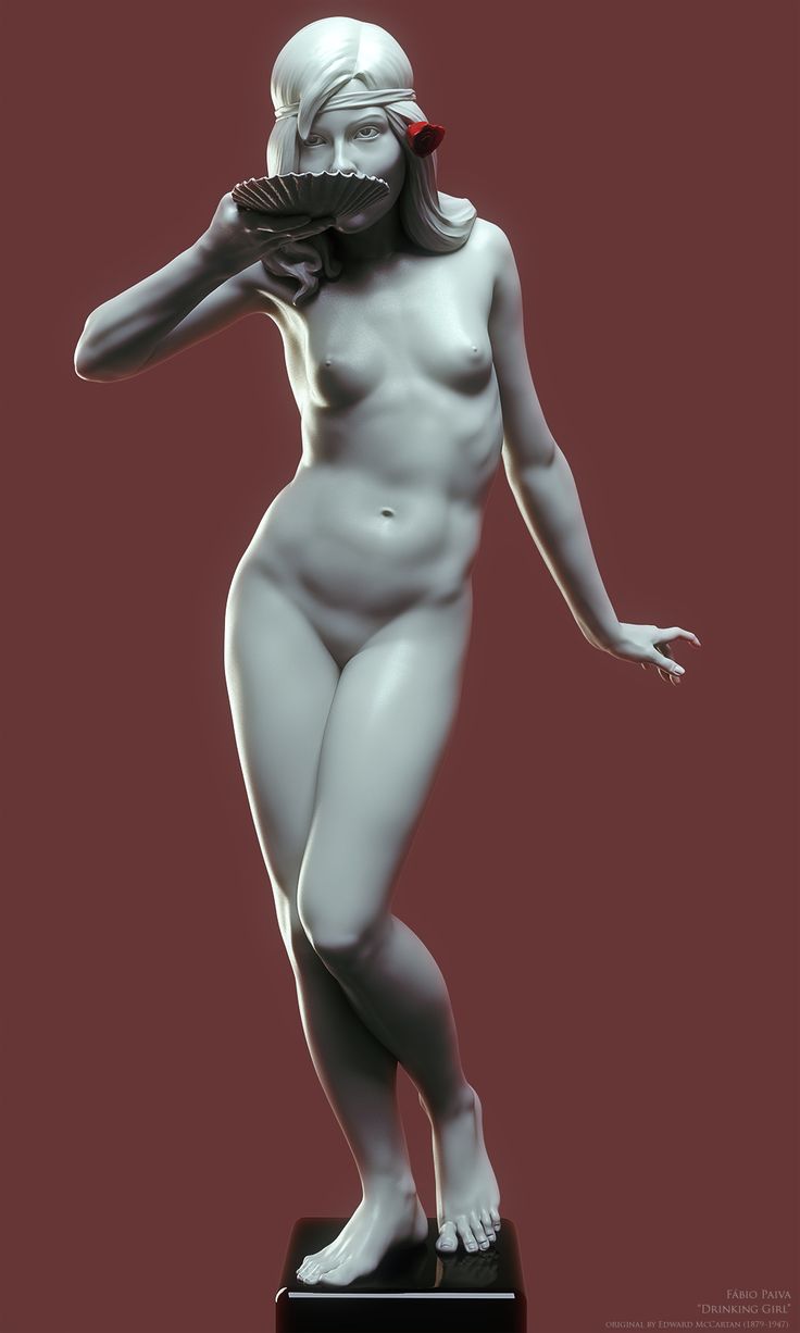 the image shows a 3d render of a statue of a nude woman. the statue is white and positioned against a reddishbrown background. the woman is posed with one leg slightly forward and her right arm gracefully extended. she holds a shell to her mouth as if blowing a kiss, and a red rose adorns her hair.