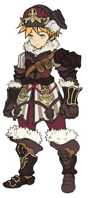 this is a digital drawing of a male video game character. he has blonde hair, wears a furlined hat with gold accents, a long coat with a fur collar, and brown armor with gold accents. his pants are burgundy. he is wearing furlined, brown boots with gold accents.