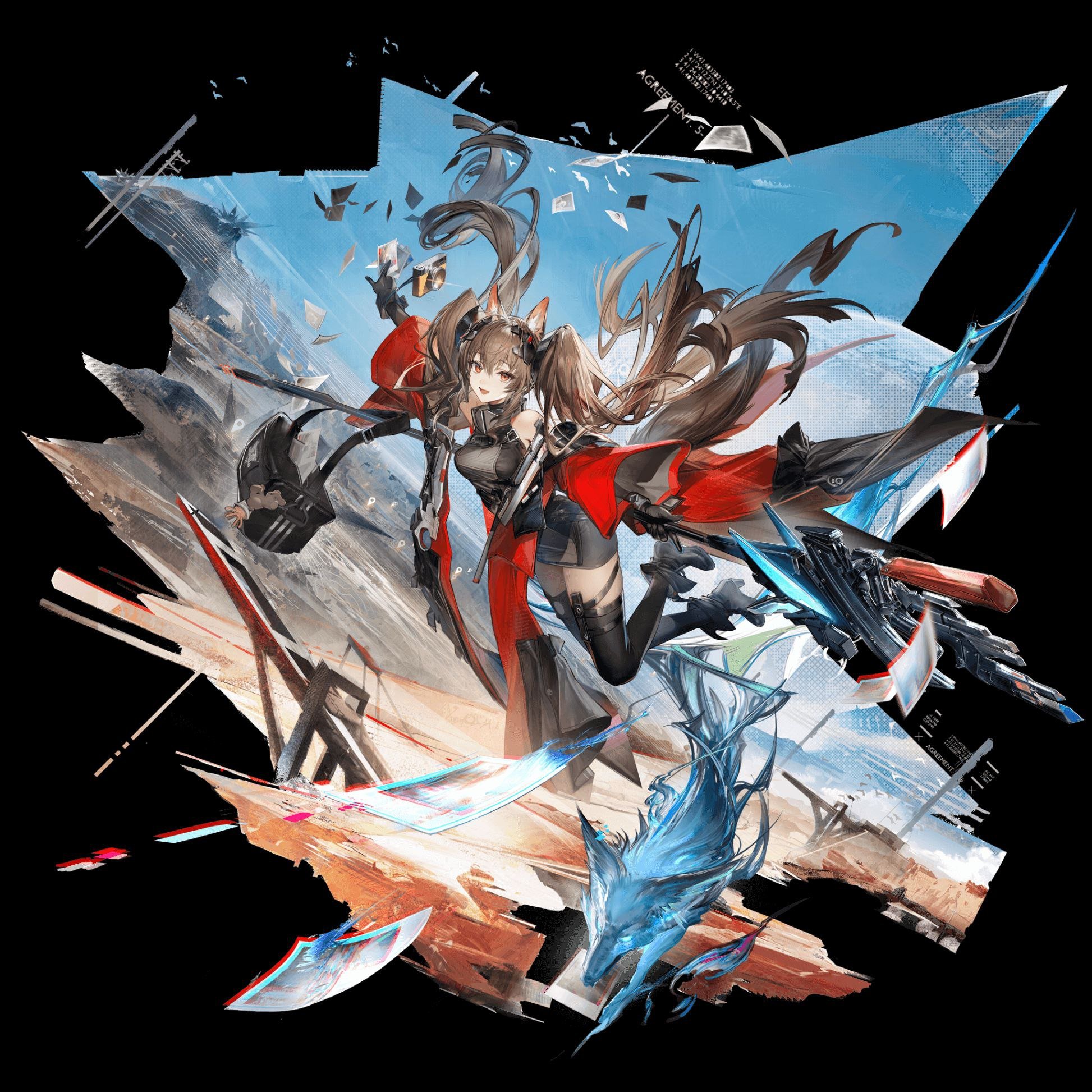 the image is vibrant digital fanart depicting amiya, a prominent character from the mobile game arknights.  she's rendered in a dynamic action pose, wielding weapons and surrounded by fragmented pieces of what seems to be a futuristic or postapocalyptic landscape.  her clothing features a striking red coat and black attire, contrasting with the blue hues of a wolflike creature at her feet and the background's cool tones. the art style is highly stylized with sharp lines, intense colors, and an abstract background contributing to the dramatic feel. the overall impression is one of action and intensity.