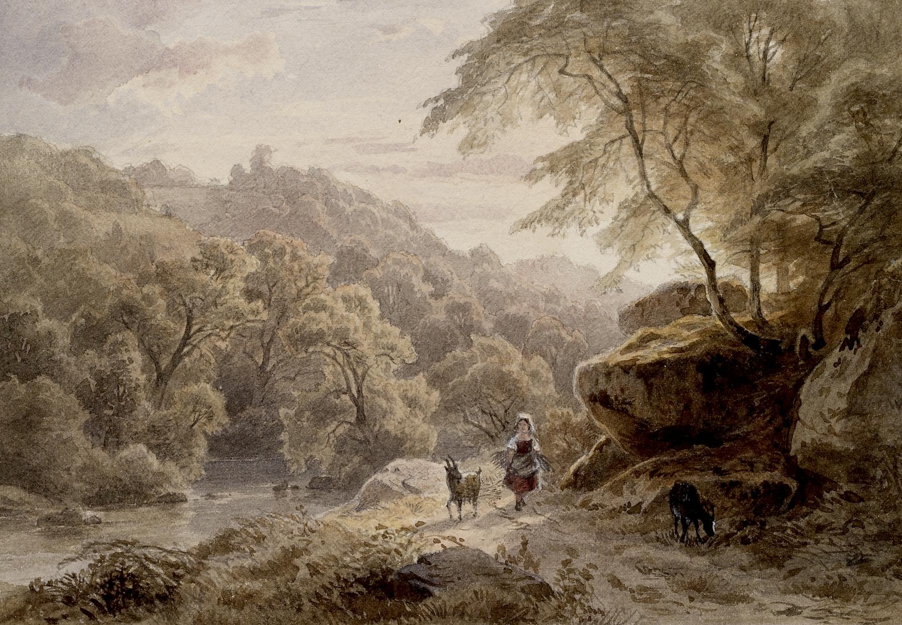a watercolor painting depicts a woman walking along a path with two goats in a wooded landscape. the scene features a winding river, lush vegetation, rocky outcrops, and a backdrop of hills under a cloudy sky. the painting style is reminiscent of 19thcentury pastoral art.