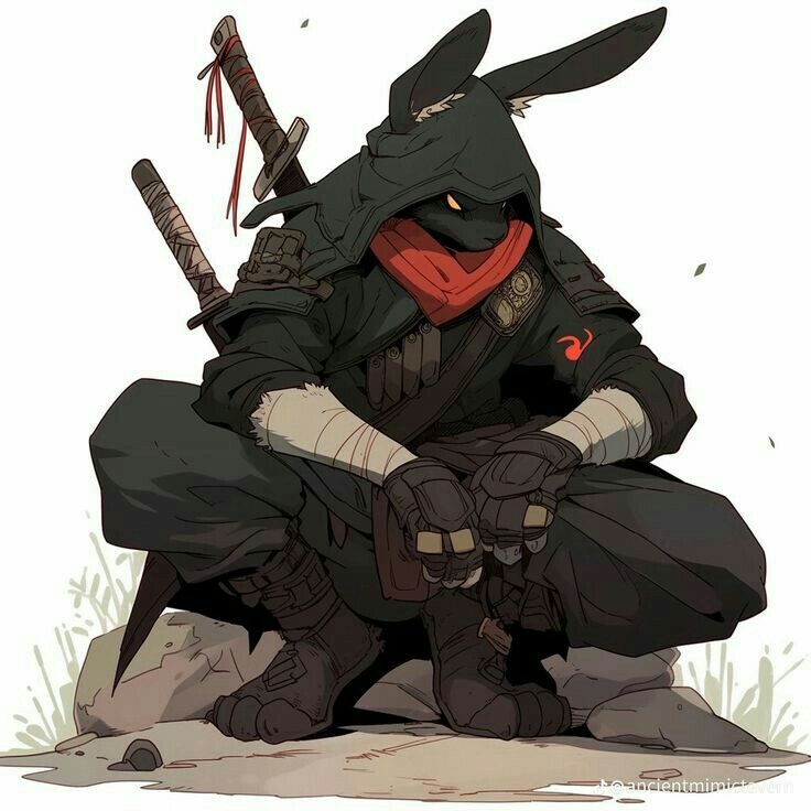the image shows an anthropomorphic rabbit dressed as a ninja warrior, sitting in a squatting position on a rock. the rabbit is wearing a dark cloak with a hood that obscures the face, a red bandana around the neck, fingerless gloves, and bandages on its wrists. it has two swords sheathed behind its back. the overall aesthetic is one of fantasy and secrecy. the rabbit appears to be on a tactical mission.