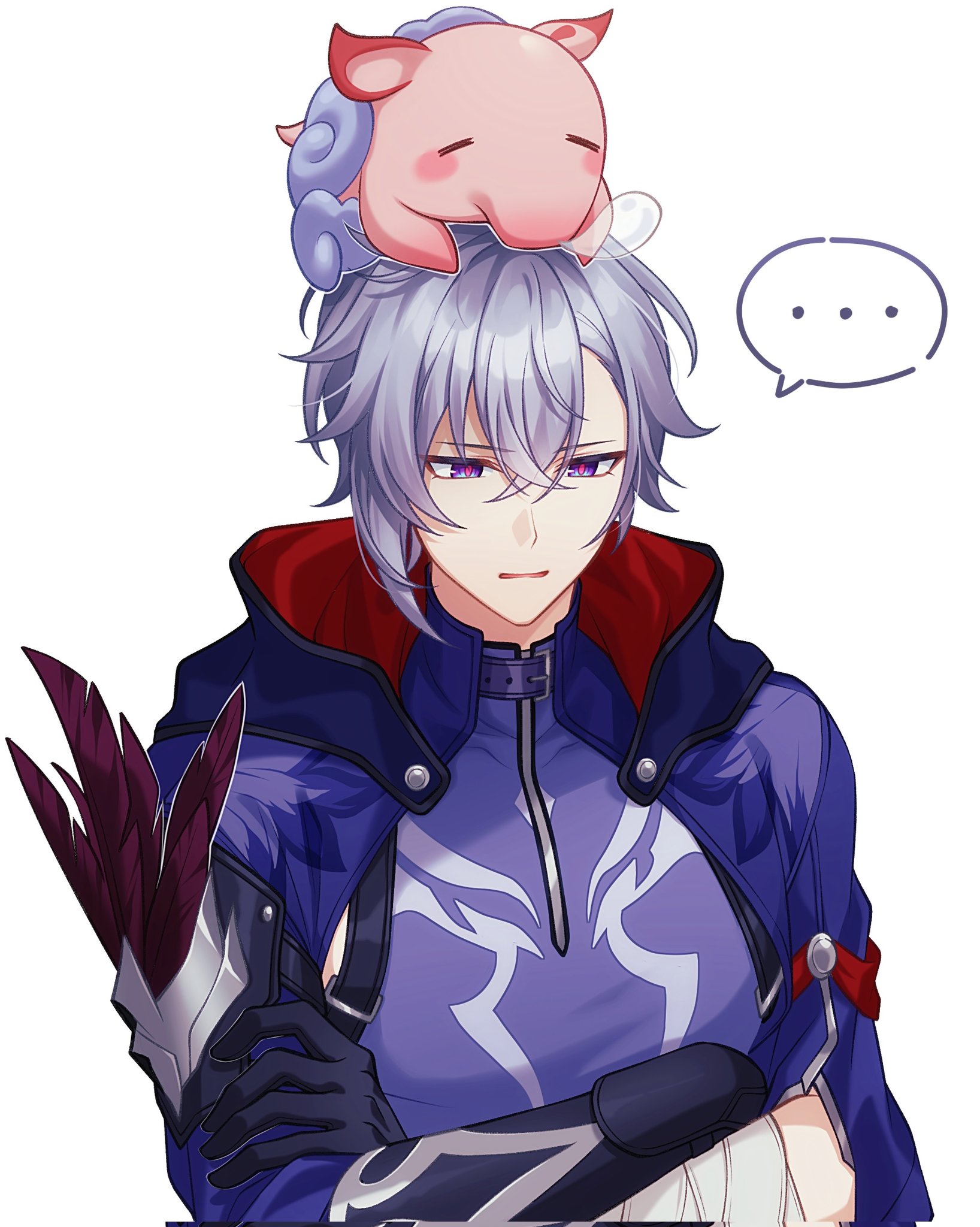 the image features an anime male character with silver hair and purple eyes. he is wearing a blue jacket with a red scarf and black gloves. a pink pig is sitting on top of his head. the character has his arms crossed and is looking to the side with a thinking expression. there is a speech bubble above his head with three dots.