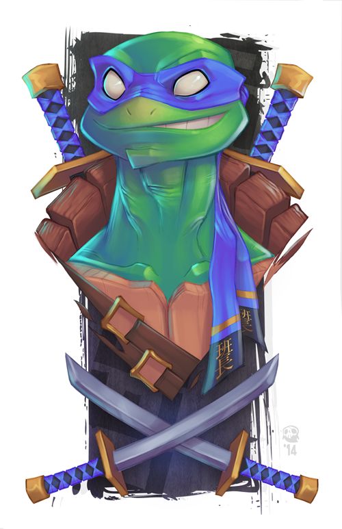 this is a digital painting of leonardo from the teenage mutant ninja turtles franchise. he is depicted in a bust portrait with his iconic blue mask and bandana, and two katanas crossed behind him. the art style is cartoonish and colorful, with a focus on detail and dynamism.