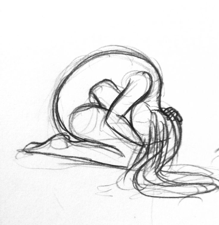 a sketch of a woman curled up with her head in her hands, drawn in black and white. the lines are loose and expressive, giving a sense of movement and emotion. the woman's form is contorted, suggesting sadness or anxiety.