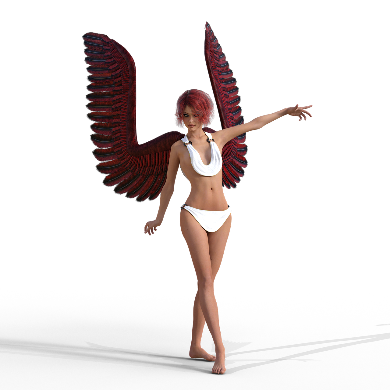 a full body digital art image of a woman with red angel wings wearing a white swimsuit on a black background.