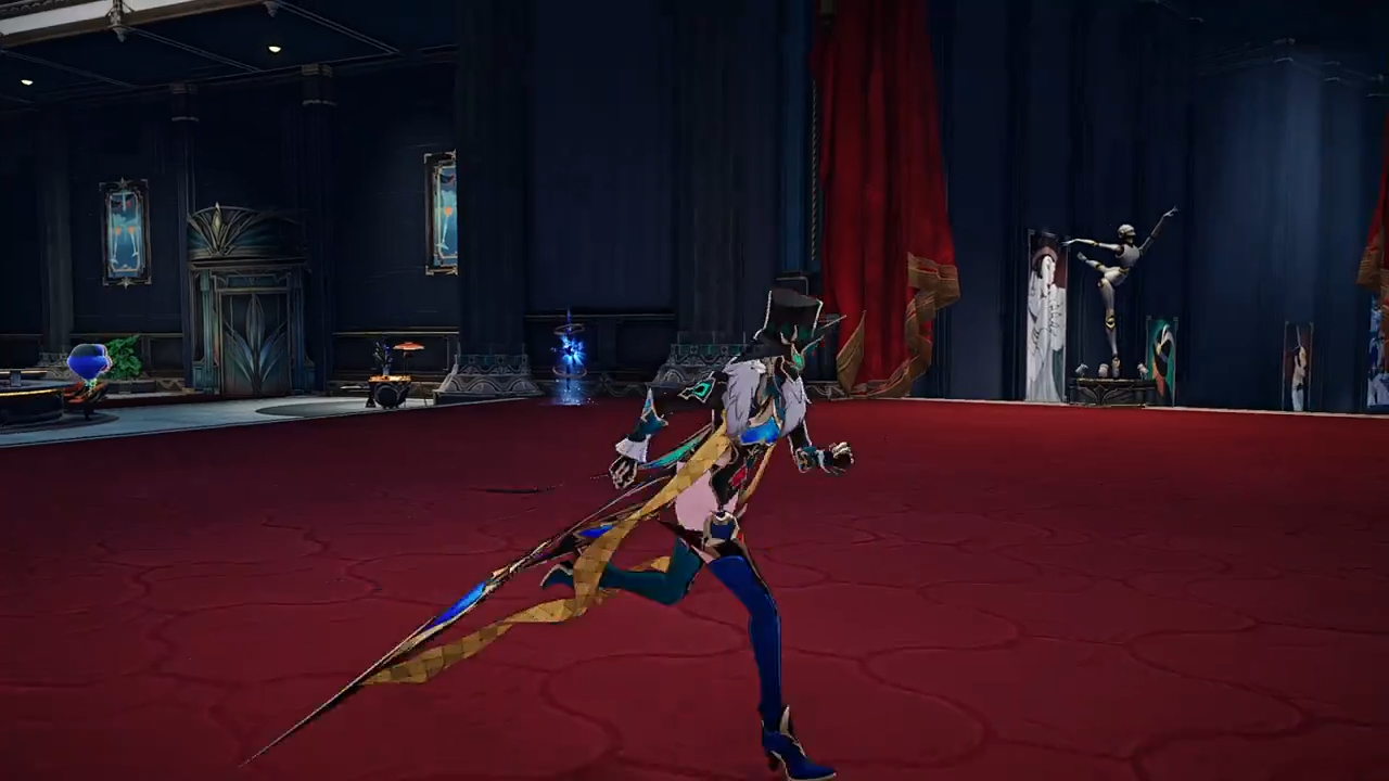 a fantasy character is running across a red floor in a dark room.  the character is dressed in a blue and gold dress and has a hat.