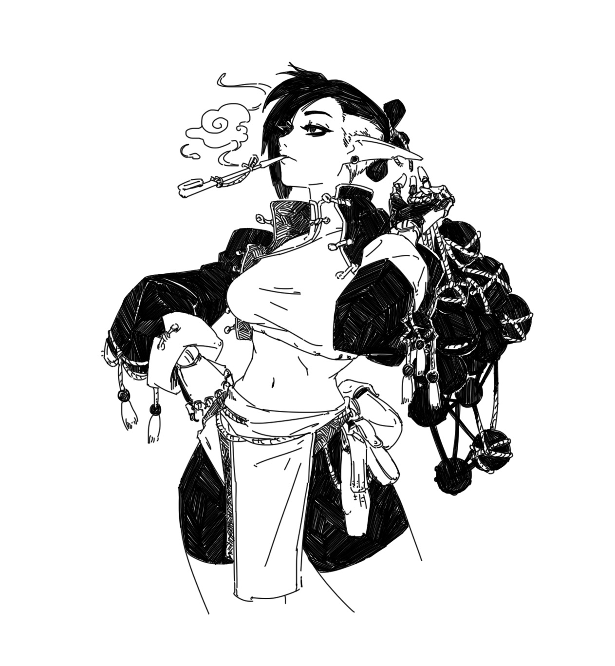 the image is a black and white ink drawing or sketch of a female character. she appears to be an elf, or a character with elvenlike features, and possesses a confident, almost aloof expression. her attire is a blend of styles, possibly incorporating asianinspired elements with fantasystyle clothing.  she's wearing a dark jacket or coat, a short top, and a skirt or wrap.  the character has numerous accessories including tassels and what seems to be a collection of small pouches or bags hanging from one arm. she is holding a pipe and a wisp of smoke curls from it.  the style is detailed and expressive, reminiscent of both anime and manga.  the overall mood is dark and mysterious but stylish.