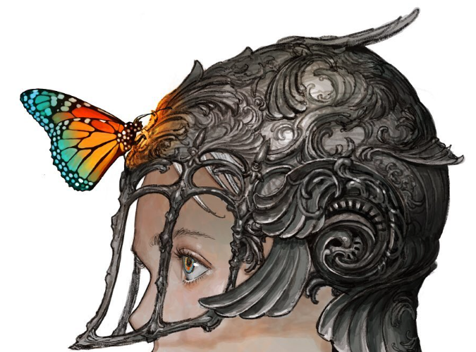 the image shows the side profile of a woman wearing an ornate, metallic helmet. the helmet is intricately designed with floral and winglike patterns.  a monarch butterfly with vibrant orange and black wings with white spots is perched on the helmet, contrasting with the cool metallic tones.  only a portion of the woman's face, including her eye, cheek, and nose, is visible through the helmet's openings.