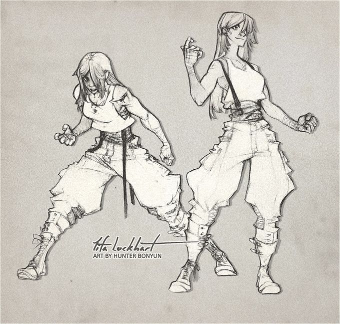 the image showcases two pencil sketches of a female character, possibly a warrior or fighter, in different action poses. the style is reminiscent of concept art, with dynamic poses and detailed clothing design.  the character is wearing loosefitting pants with straps and boots, suggesting a practical and combatready outfit. both figures exhibit a powerful and assertive stance. the artist's signature, "tita lockhart" and "art by hunter bon yun", are visible in the image.  the background is a neutral, textured gray. the overall aesthetic is gritty and slightly rough, characteristic of a sketch rather than a polished final piece.