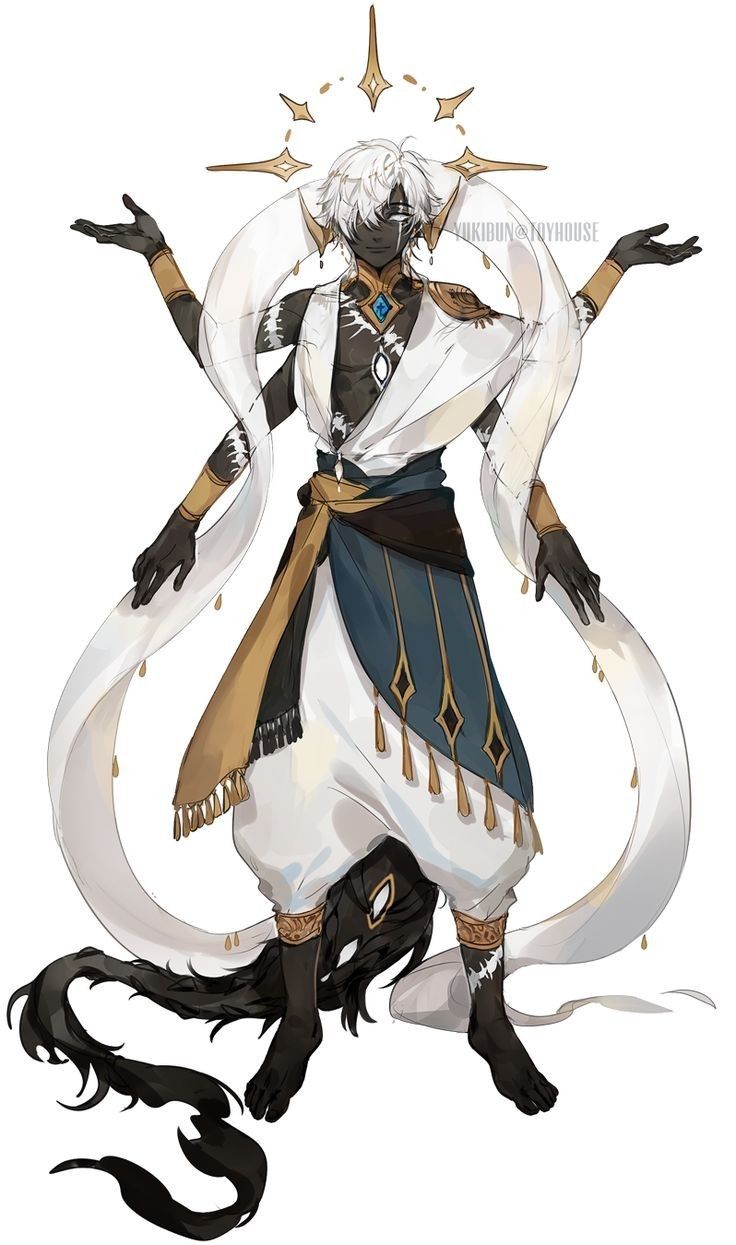 the image is a digital painting of a stylized male character with androgynous features. he possesses multiple arms, flowing white robes with gold accents, and a dark serpentine tail that appears to be a part of his form. his hair is long and white, contrasting his dark skin. he wears a detailed, ornate outfit with tassels and a flowing cloth trailing behind him.  a radiant, sunlike halo or crown surrounds his head. the overall aesthetic is fantasybased, suggesting a celestial being or deity with both light and dark elements. the style is elegant and somewhat ethereal, highlighting graceful lines and flowing fabrics.  the artwork is highly detailed, showcasing both the character and the background elements.