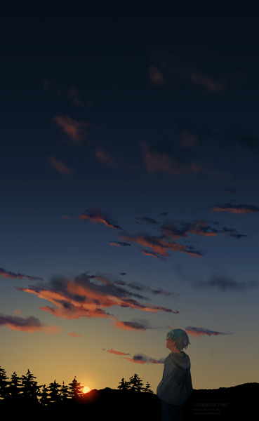 a digital illustration of an anime boy standing in silhouette against a sunset sky. the sun is setting behind the mountains in the distance, casting a warm glow on the clouds. the boy is wearing a hoodie and jeans, and he is looking up at the sky. the overall atmosphere of the image is one of peace and tranquility.
