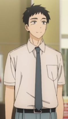 a young man in an anime style is depicted in this image. he has short, dark hair and is wearing a white, shortsleeved buttondown shirt, a dark teal tie, and grayblue pants. he has a content expression on his face. it seems like the man is situated in a room, possibly a classroom or a similar setting. the soft lighting and medium shot perspective enhance the character's approachable and pleasant demeanor.