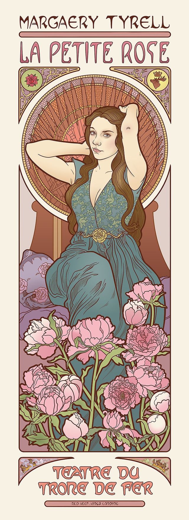the image is a vintagestyle theater poster featuring margaery tyrell from game of thrones, depicted in an art nouveau style. she is surrounded by roses, with text above her saying "margaery tyrell" and "la petite rose", and text below that says "teatre du trone de fer". the background consists of ornate patterns and floral designs in a muted color palette of pinks, greens, and browns.