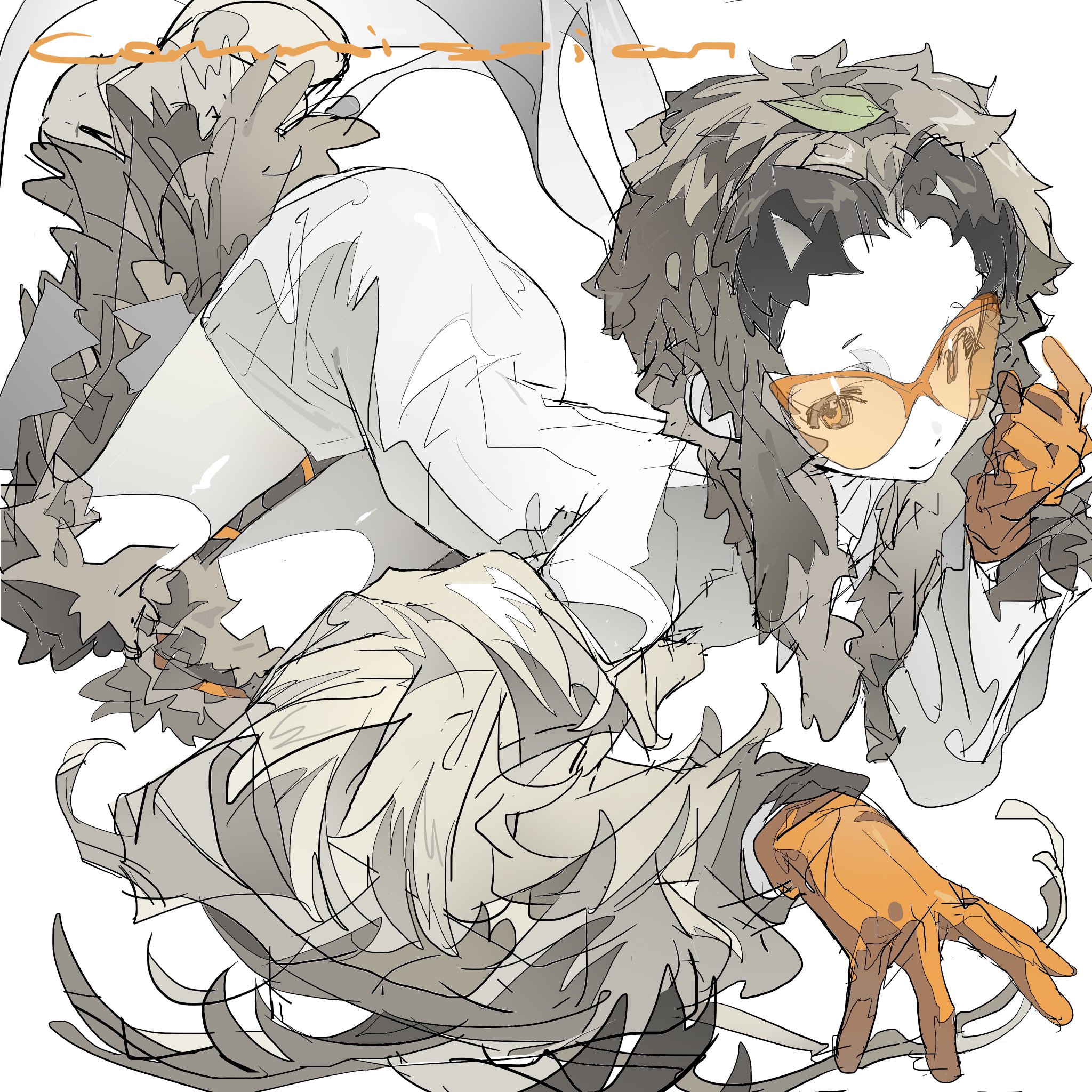 a drawing of an anime girl with large eyes and orangerimmed glasses. she is wearing a white and grey outfit, with a white feather and a grey fluffy object behind her, possibly a bird or an animal. the background is white and the line art is drawn with black lines.  the drawing looks abstract and doodlelike.
