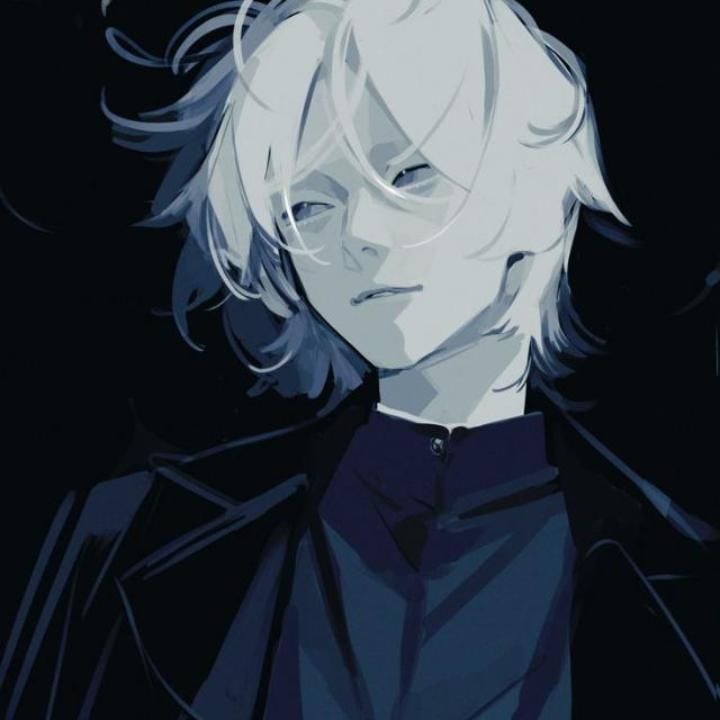 the image is a stylized digital painting or illustration of an anime or mangastyle male character. he has long, wavy white or light blue hair that partially obscures his face. his expression is serious and somewhat melancholic. he's wearing a darkcolored jacket or coat with a high collar. the overall color palette is dark, using various shades of blue and black, giving a moody and mysterious atmosphere. the art style is modern and slightly abstract, with soft brushstrokes and a focus on atmosphere rather than sharp details.
