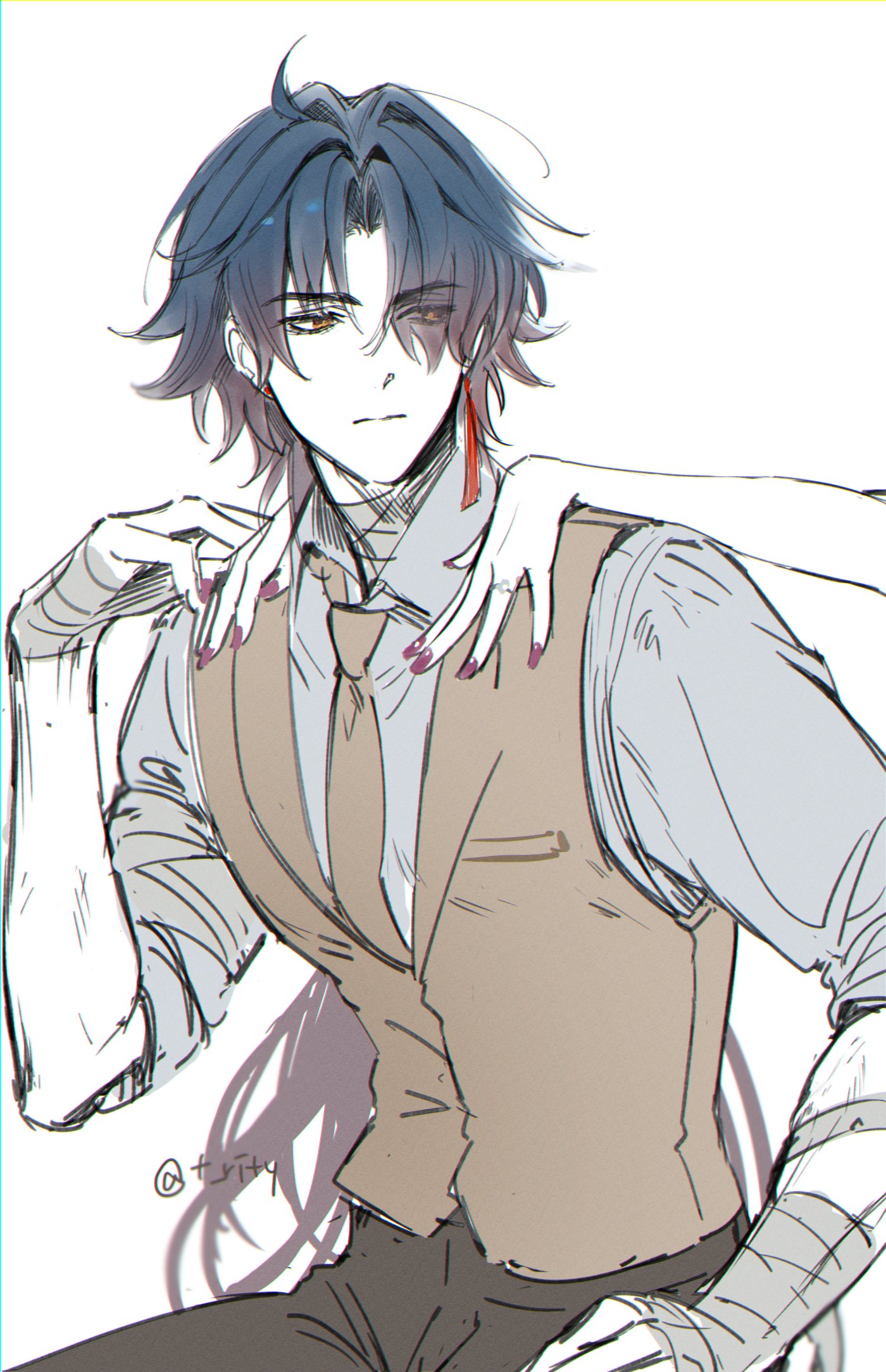 the image is a digital drawing or painting of an animestyle male character. he has dark blue hair, pale skin, and expressive eyes; one eye is partially covered by his hair, adding a touch of mystery. he's wearing a lightcolored shirt, a tan waistcoat, and a tie, giving him an elegant look.  his attire is partially obscured by bandages on his arms, adding a sense of possible injury or vulnerability.  two hands, seemingly belonging to another person, are gently caressing his shoulders and neck. the art style is soft and slightly sketchy, with delicate lines and shading. the overall mood is both captivating and mysterious.
