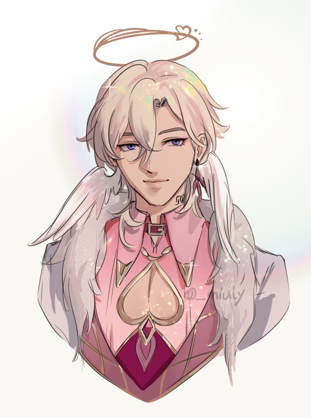 the image is a digital illustration of a young anime male character. he has long, white hair with a pink tint and bright blue eyes. he is wearing a pink and gold outfit, with a heart design on the chest. he has angel wings and a halo. the background is a pale pink and white gradient. the character is smiling slightly, looking at the viewer with a friendly expression. he has a slight blush on his cheeks and sparkling glitter on his hair. the image is beautifully drawn and very detailed, with a soft and dreamy style.