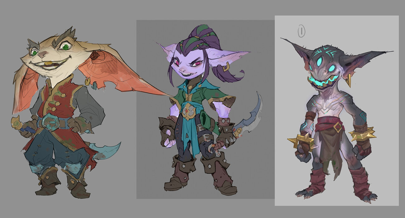 this digital illustration is a sketch design of three fantasy creature characters. two of them are yordles, which are small, furry, and often mischievous creatures from the league of legends universe. the one on the left is a light brown color with a wide grin and red piratestyle clothes. the one in the middle is a purple colored yordle with a more serious expression. the character on the right looks like a goblin with an evil grin and dark skin. the character on the left is smiling while the middle and right characters are frowning. the character in the middle holds a curved knife, the one on the left holds a straight sword, and the one on the right is holding a large weapon with a blade. the character on the right is light grey, with a red sash and blue markings, the one in the middle is blue and purple with dark brown boots, and the one on the left is a light brown color with a large red jacket and blue pants. all of the characters have large ears. the characters are drawn in a semirealistic style with some lines showing through, which gives them a rough and unfinished look.