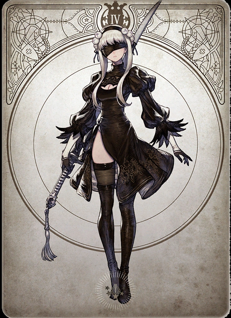 a line art drawing of a blindfolded, sword wielding woman with long white hair standing in front of an art nouveau/art deco background. the card is the "iv" card.