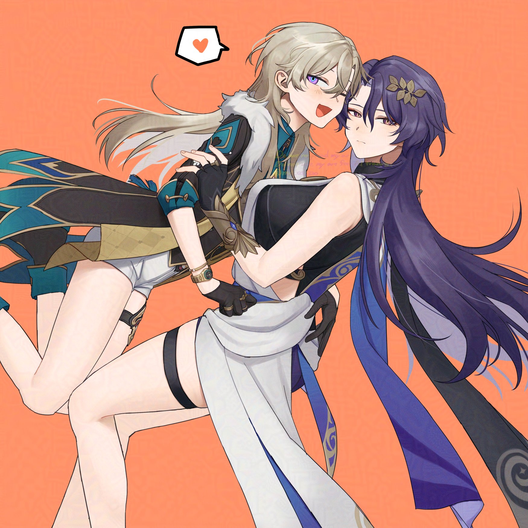 the image is a digital fan art drawing depicting albedo and yaemiko from the game genshin impact.  the two female characters are intimately embraced, with yaemiko holding albedo close.  albedo's face is visible, showing a happy expression, while yaemiko's face is more subtly expressive.  they are both in their characteristic outfits, though styled perhaps in a more romantic or intimate fashion than usually seen ingame.  a small heartshaped speech bubble floats above them, reinforcing the romantic subtext. the overall style is animeinfluenced, with soft shading and a focus on the characters' expressions and poses. the background is a simple, solid orange, drawing all attention to the characters.
