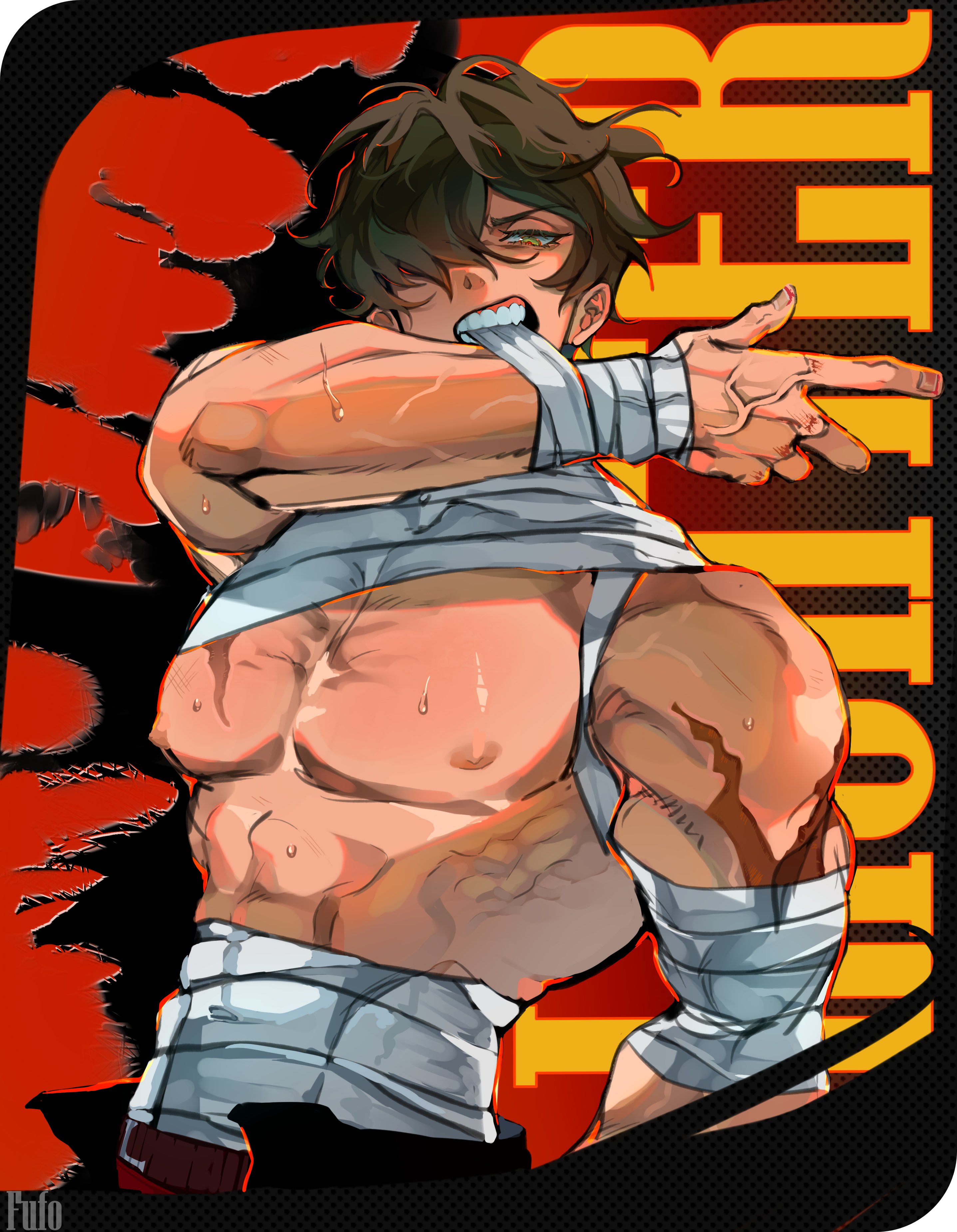 he image is a digital illustration of a muscular animestyle male character. he has short, brown hair and a determined, almost aggressive expression, with his teeth clenched. his body is heavily muscled and sweaty, and he's wearing torn clothing and bandages wrapped around his arms and torso, suggesting recent physical exertion or injury. the background is a stylized blend of red and yellow, with torn edges that create a dramatic effect. the overall style is dynamic and actionoriented, suggestive of a fighting scene or a moment of intense struggle.  the artwork has a strong graphic novel or comic book feel. the artist's signature "fulo" is visible in the lower left corner.