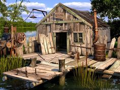 the image showcases a weathered wooden fishing shack perched on a rickety dock over a tranquil lake. the shack, constructed from aged planks, exudes a rustic charm with its peeling paint and simple design. the dock, also made of wood, extends out into the calm water, offering a picturesque view of the surrounding greenery and the bright blue sky. various fishing paraphernalia, including a fishing rod holder and a rusty metal container, hint at the shack's primary purpose. sunlight bathes the scene in a warm glow, highlighting the textures of the wood and casting soft shadows on the dock.