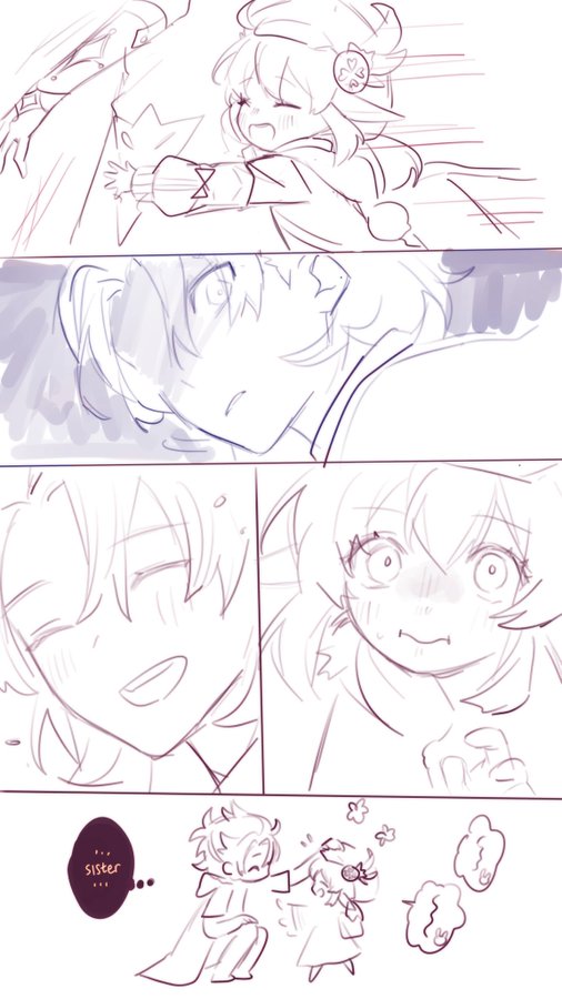 the image is a black and white manga style illustration of two siblings. the first panel shows a girl in a dress with a hat, her hair is tied in pigtails. the second panel shows a boy with short hair looking at the girl, his eyes are closed. in the third panel, both the girl and the boy are looking at each other, the girl is smiling. the last panel shows both the girl and the boy side by side, they look happy and smiling, they are holding each other's hands and hugging.