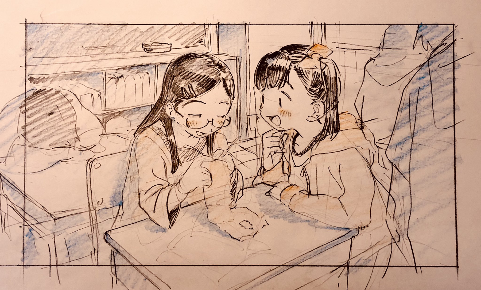 the image is a charming animestyle sketch of two schoolgirls in a classroom setting. the girl on the left, with short dark hair and glasses, is focused on something she's holding in her hands, perhaps knitting or crafting. the girl on the right, with her hair tied up in a bow, smiles cheerfully while enjoying a snack.  the soft lighting and slightly low perspective create a sense of intimacy and warmth, capturing the simple joy of friendship and everyday moments in a school setting. the overall color palette is a gentle range of browns and creams, contributing to the nostalgic and heartwarming atmosphere.