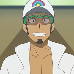 a closeup portrait of a smiling cartoon man with brown skin, black hair, and a goatee. he wears a white lab coat over bare skin, and a white hat with a rainbowcolored bill. his green glasses have a unique design. the background is a pale yellow triangle on top of a beige rectangle.