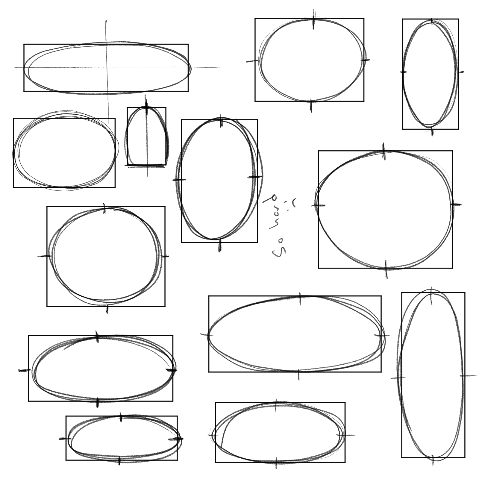 he image is a collection of handdrawn ovals and ellipses of varying sizes and proportions. they are enclosed within rectangular boxes, suggesting a process of design or exploration of form. some ovals are more perfectly formed, while others are more freehand and irregular, demonstrating a range of styles or iterations. the sketchlike quality and the arrangement of the shapes suggest a creative process or study of form.  the word "so many" is written in handwriting in the middle of the page.