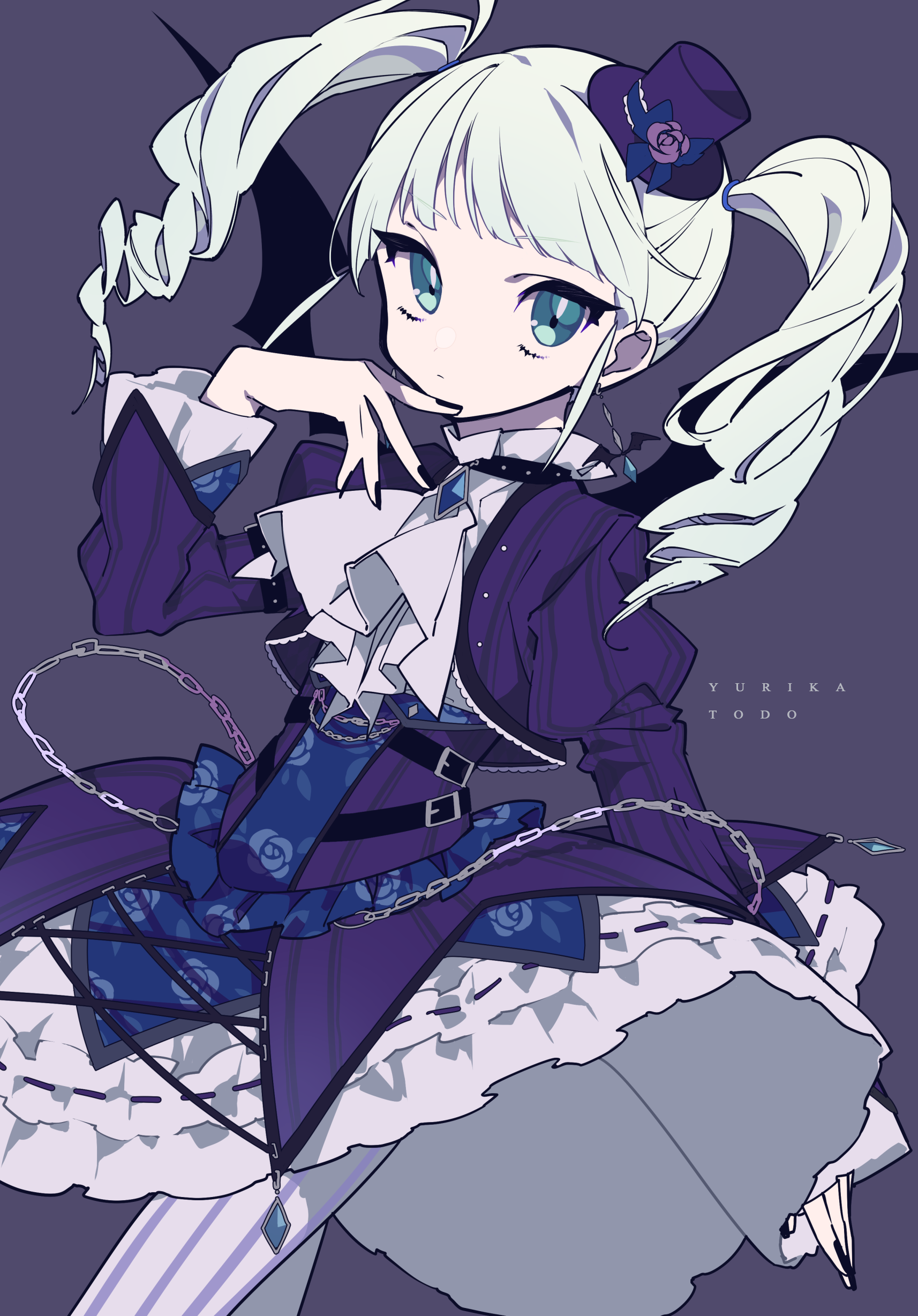 a stylized anime illustration of a girl in gothic lolita fashion. she has light blue hair styled in twintails with a miniature top hat adorned with a rose. she is wearing a purple and white dress with frills, chains, and diamond pendants. her skin is light, and she has light blue eyes. she is wearing a choker and has pointed fingernails. the background is a muted purple.