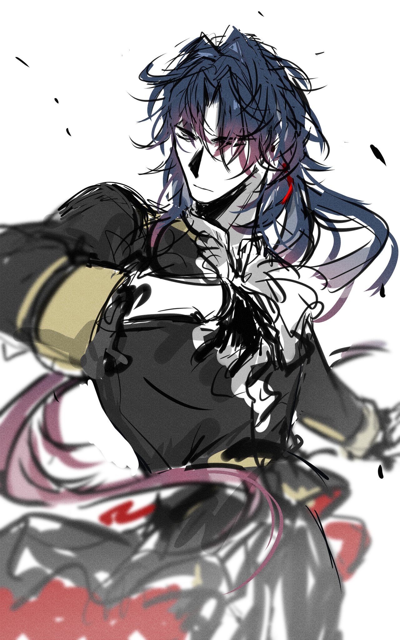 a drawing of a male anime character with blue hair, black clothes, and a red scarf. he has red eyes and is in a dynamic pose. the background is white with a few black lines scattered around.