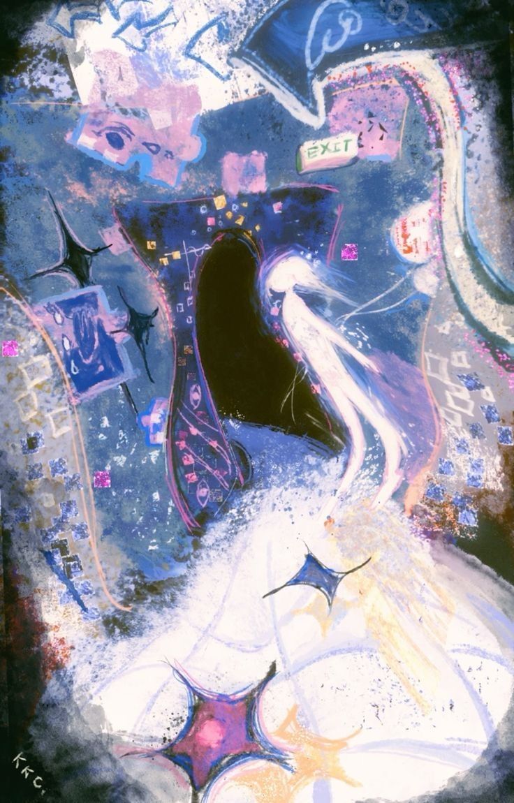 an abstract painting featuring a woman in a white dress standing near a dark opening, with an "exit" sign visible above. the artwork includes surreal elements such as floating stars and a dreamy, fantasylike atmosphere.