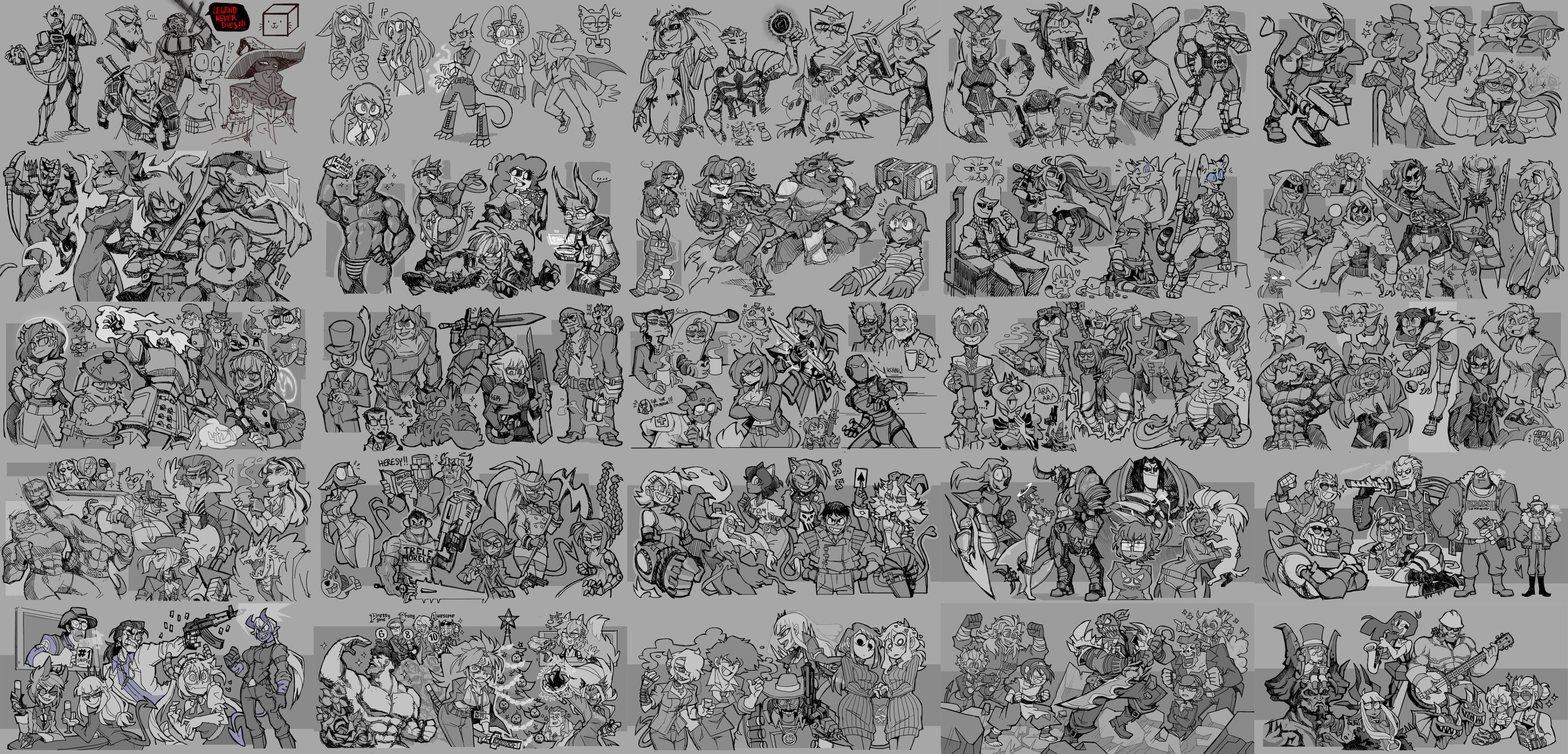 the image is a collage of numerous small black and white drawings, primarily featuring stylized, monstrous creatures engaged in various activities, including fighting, posing, and interacting with each other. the style is reminiscent of doodles or sketches, with dynamic lines and a focus on action and expression.