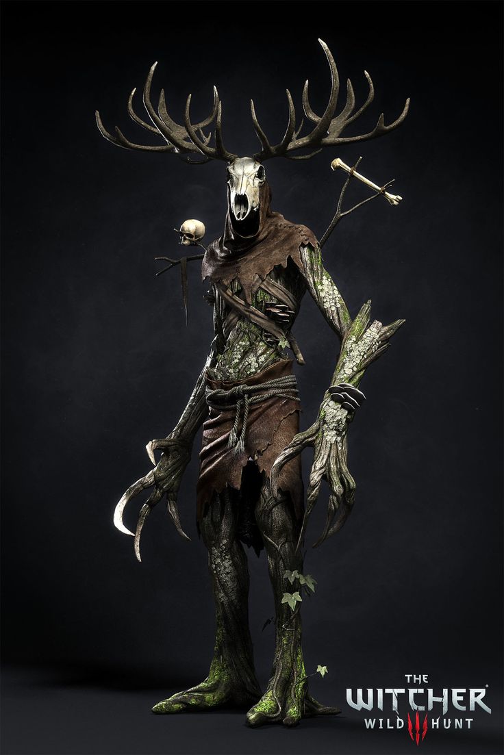 this is an image of a monster from the video game the witcher 3: wild hunt. it is a humanoid creature with bark and branches for skin, antlers on its head, and claws for hands. it is wearing a brown leather skirt and has a skull hanging from its antlers. the creature is standing on a dark background and looks menacing.